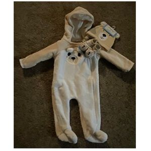 Infants 0-3 month bear footie pajamas with 0-3 month bear hat and sock set